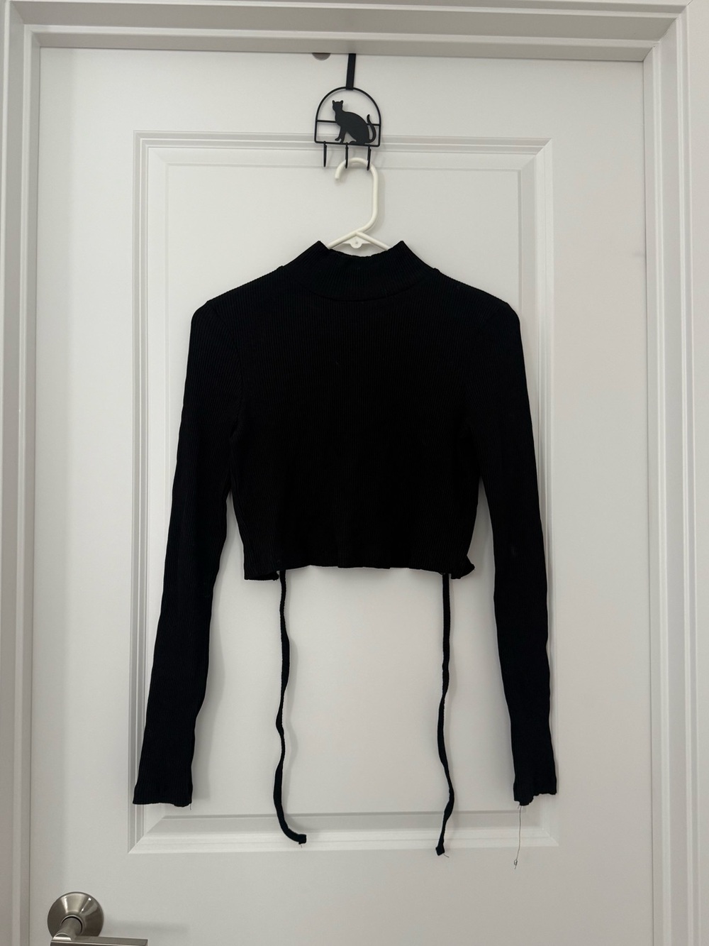 NA-KD Black Cropped Ribbed Long-Sleeve Top with Tie-Back